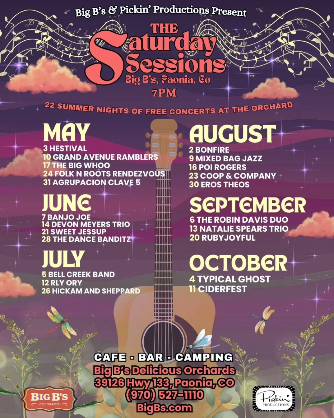 Good day! 🌟The Saturday Sessions in the Orchard poster is now live! 🌟 Big B's Delicious Orchards and Pickin' Productions present 22 summer nights of FREE live music for 2025! 

⛺️Stay the night while you're here, camping reservations made at bigbs.