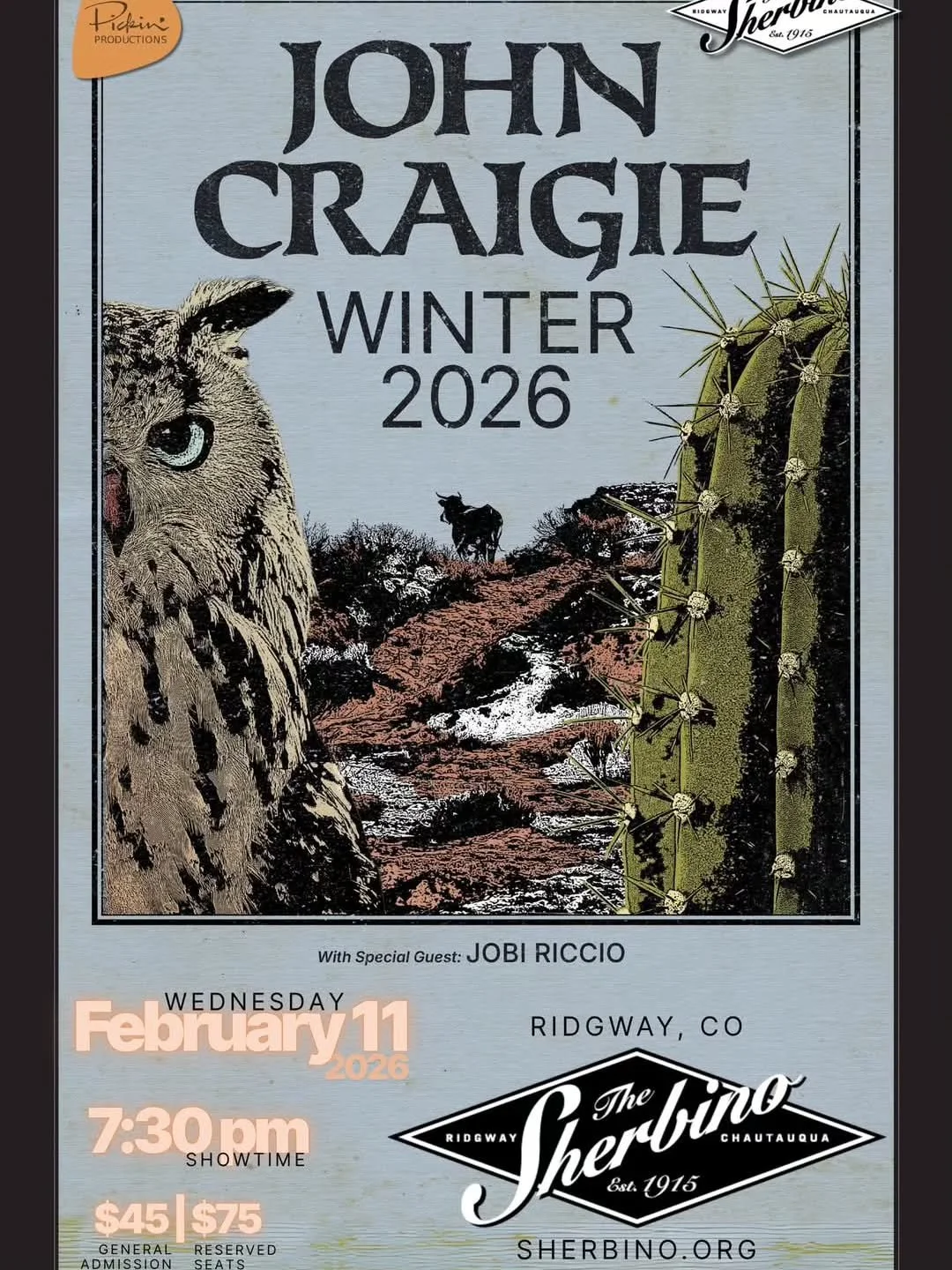 🎉Pickin&rsquo; Productions is excited to announce that we&rsquo;re now booking shows with Ridgway&rsquo;s Sherbino Theater!

🗓On Wednesday, February 11th 2026 The Sherbino and Pickin' Productions team up to give you a night with John Craigie &amp; 