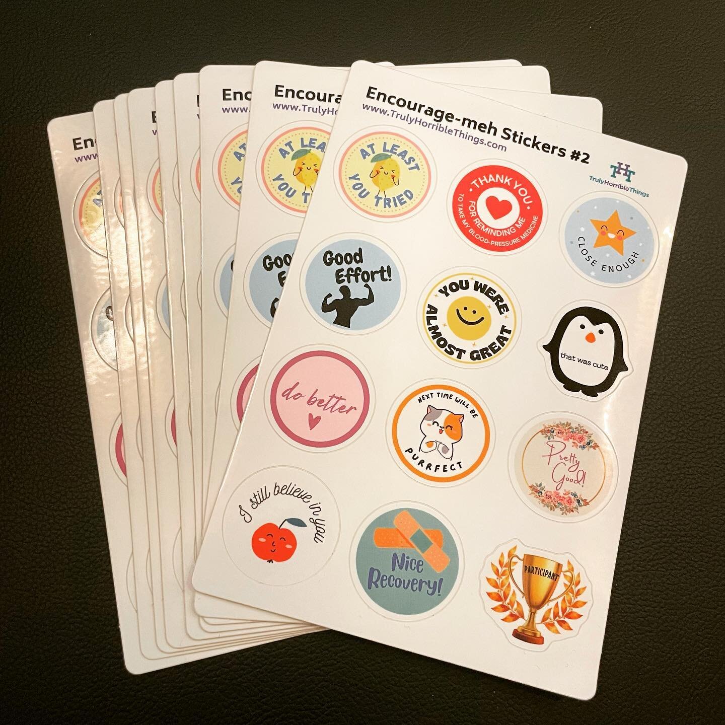 You may have seen Encourage-meh Sticker Sheet #2 at events. It&rsquo;s available online now! Show them how you really feel. Meh. There&rsquo;s also a combo option to get sheets 1 and 2.  #encouragemeh #trulyhorriblethings https://www.trulyhorriblethi