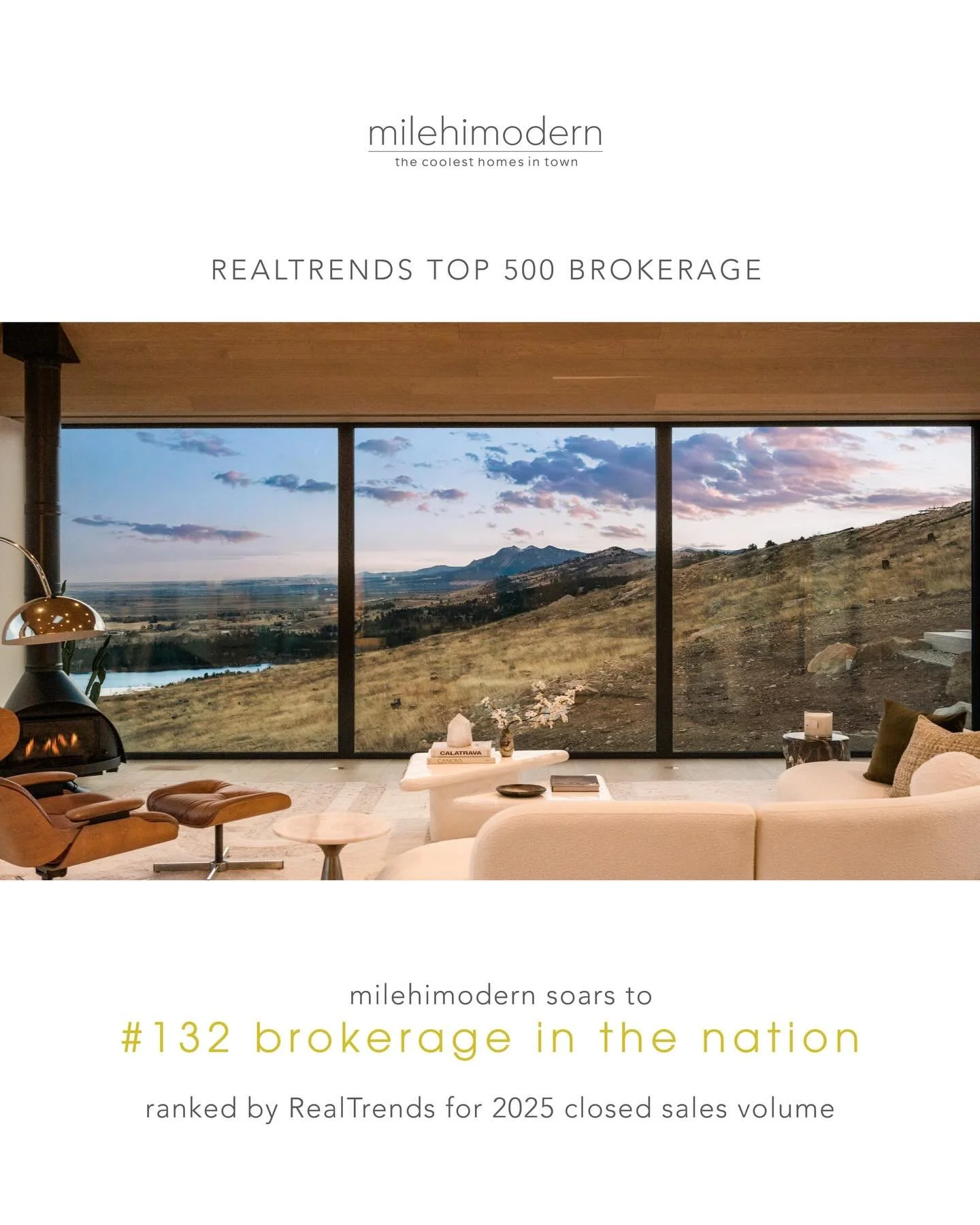 exciting news ✨ // milehimodern has ranked 132 out of the nation&rsquo;s top 500 independent brokerages for closed sales volume by RealTrends! It is an honor to embody mhm&rsquo;s mission of providing the highest level of representation for every cli