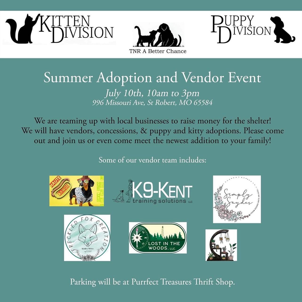 . 🐾🐾 𝑆𝑇𝑅𝑂𝑁𝐺 𝑇𝑂𝐺𝐸𝑇𝐻𝐸𝑅 🐾🐾

Come and join us at the vendor &amp; adoption event from Kitten &amp; Puppy Division Adoption Center in St. Robert 🎉🐕&zwj;🦺🐾😍🐕

We will be there to provide information about
▪️individual dog training 
