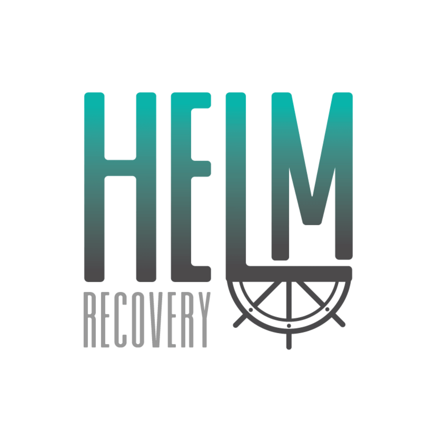 Text graphic with the words 'HELM' and 'RECOVERY' and a ship's wheel design.