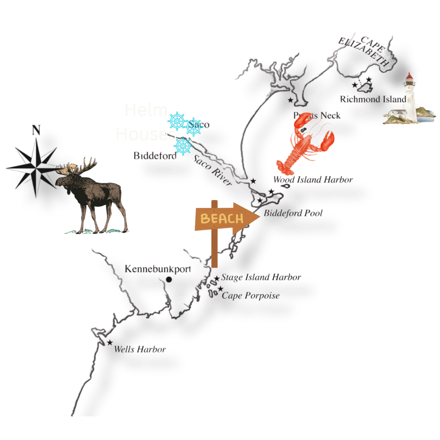 Map of Biddleford, Maine showing key landmarks such as the cape, Richmond Island, the pier, Stage Island Harbor, Cape Porpoise, Wells Harbor, and Kennebunkport, with symbols of a moose, lighthouse, lobster, and a sign pointing to the beach.