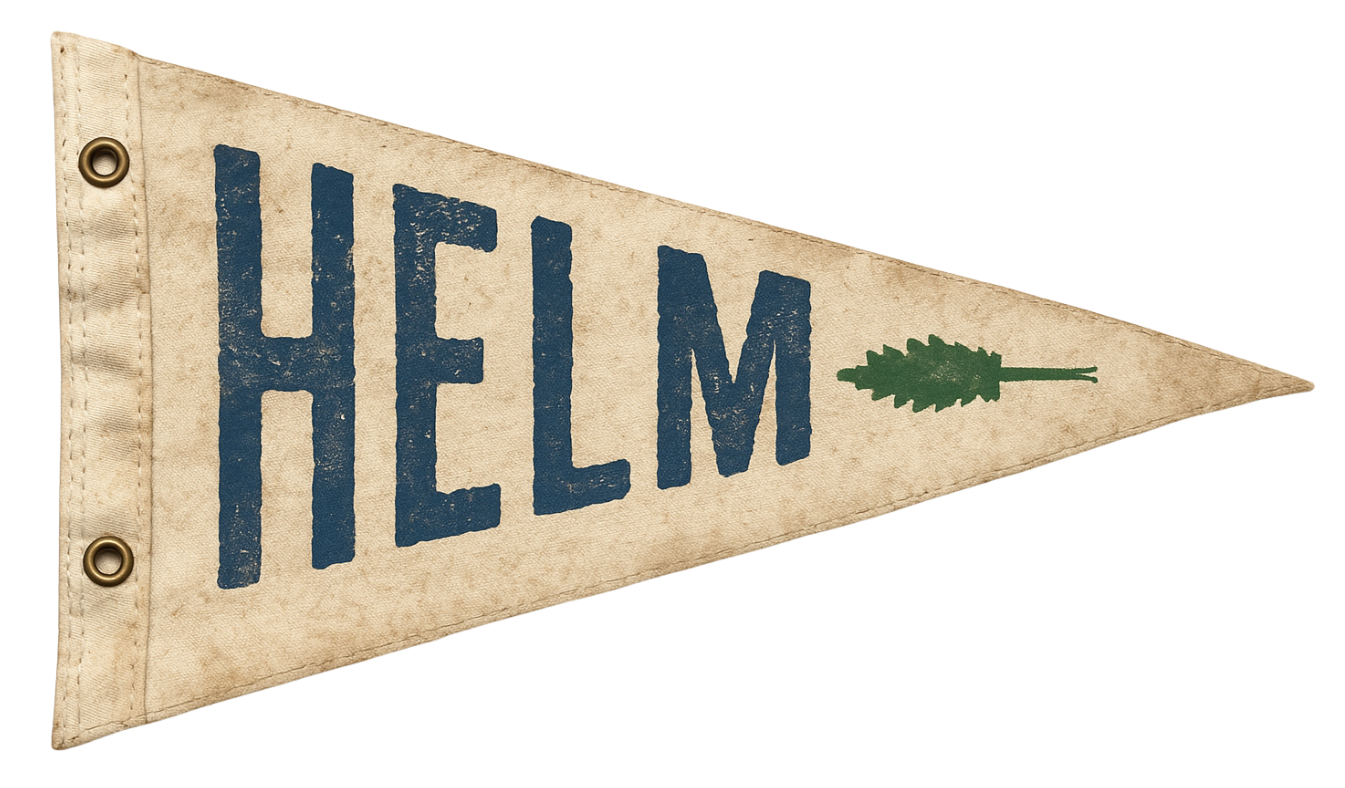 A vintage cloth pennant with the word "HELM" in blue letters and a green leaf symbol on a beige background.