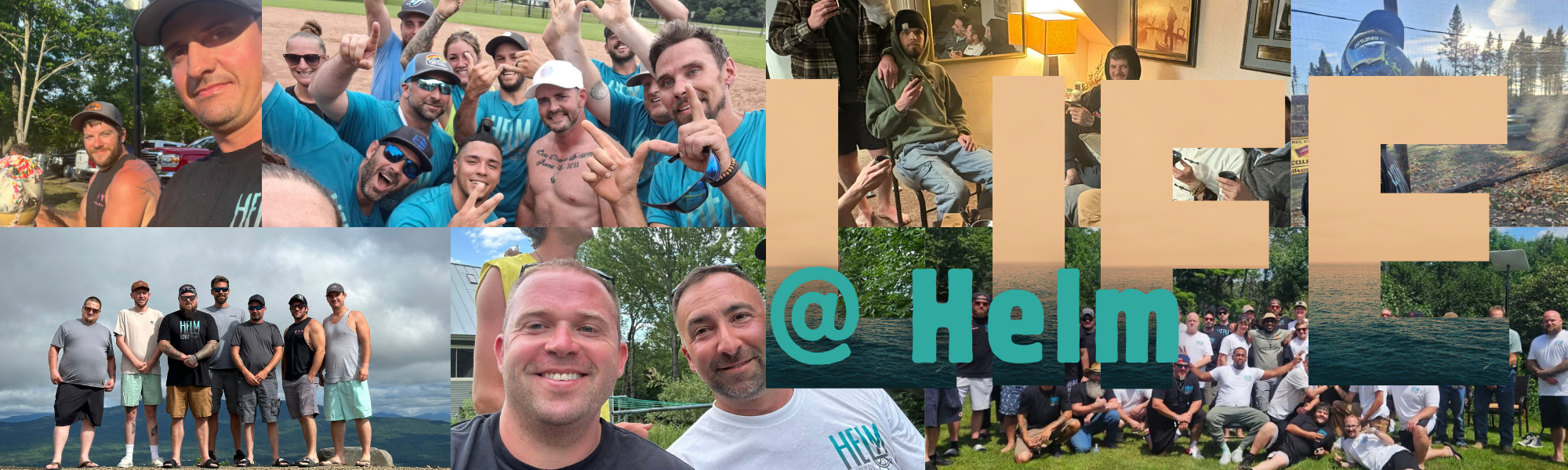 Collage of outdoor and indoor group photos featuring men and women, some smiling, some making gestures, with a mix of casual and sportswear, in various settings including parks, a lake, and an indoor room, with the text '@ Helm' overlaid.