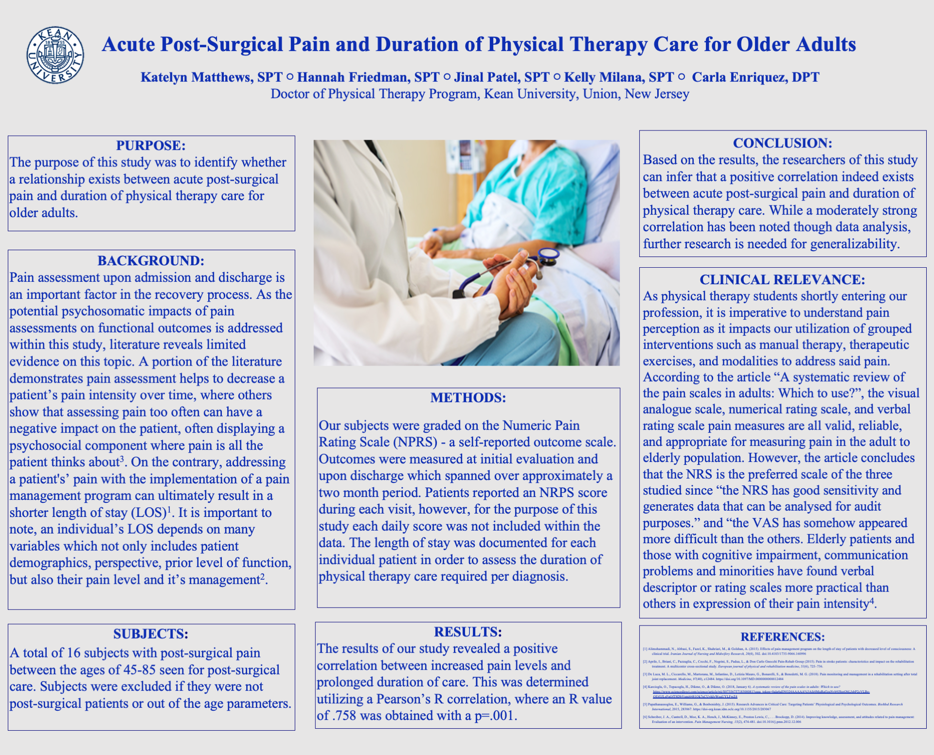 Acute post-surgical pain and duration of physical therapy care for older  adults — Kean University Research Days