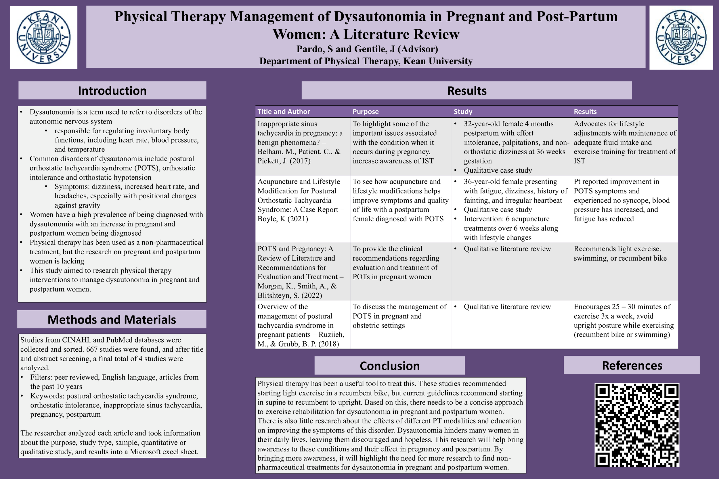 Physical Therapy Management of Dysautonomia in Pregnant and Postpartum Women: A Literature Review