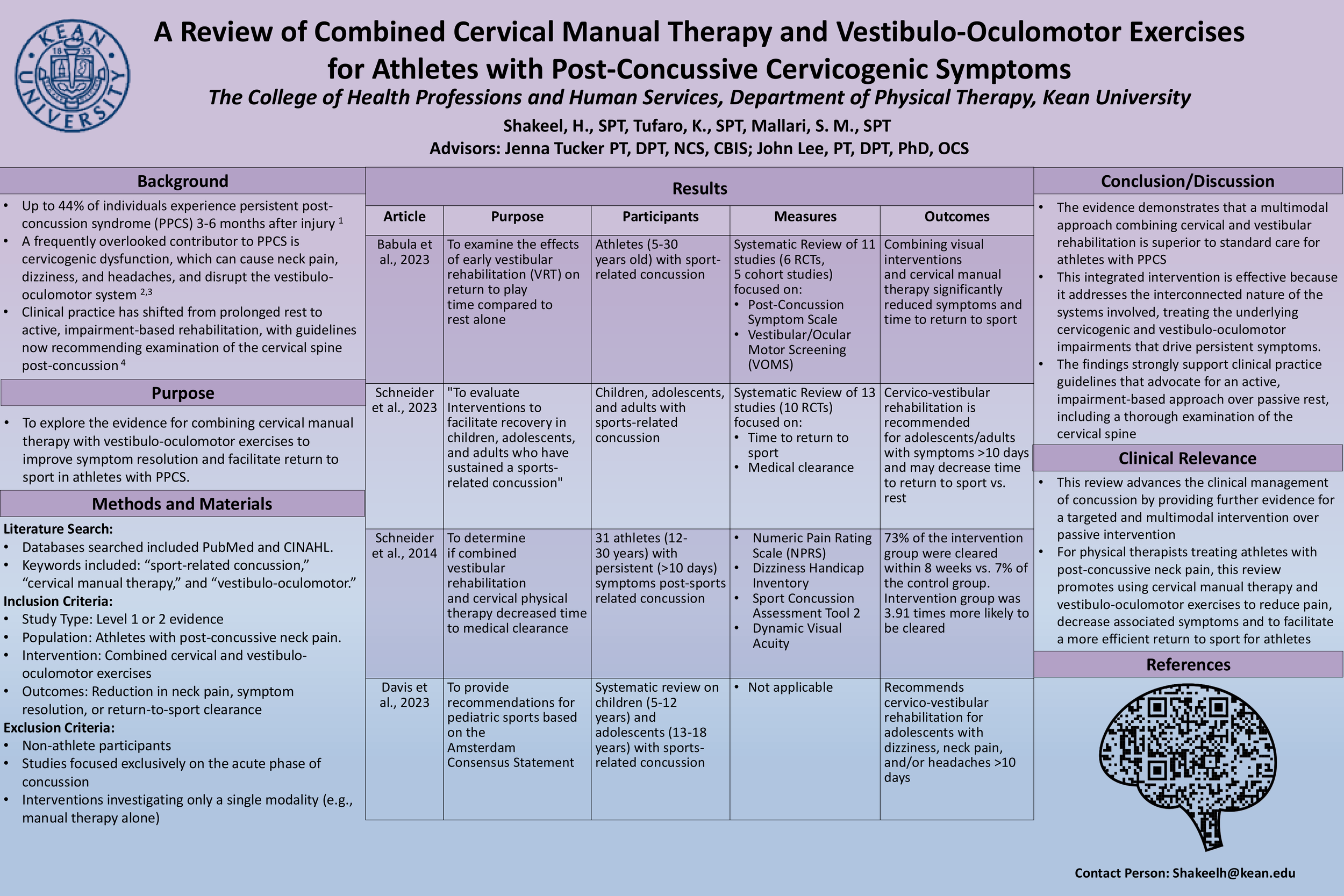 A Review of Combined Cervical Manual Therapy and Vestibulo-Oculomotor Exercises for Athletes with Post-Concussive Cervicogenic Symptoms ​