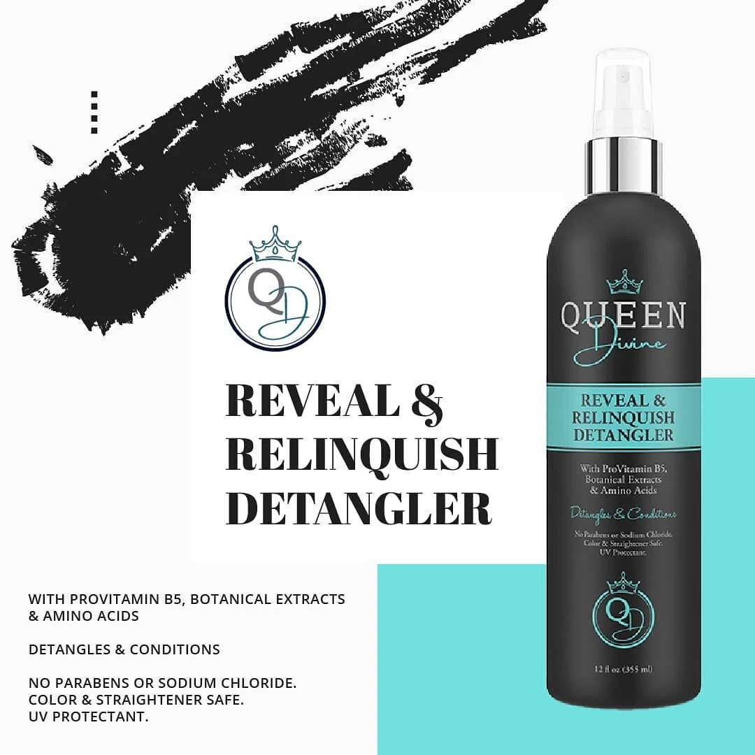Our Reveal &amp; Relinquish Detangler works on even the toughest tangles. We like to use it before shampooing to soften the hair and make it manageable. #fitforaqueen #queendivine #haircare #revealrelinquish #curlcare