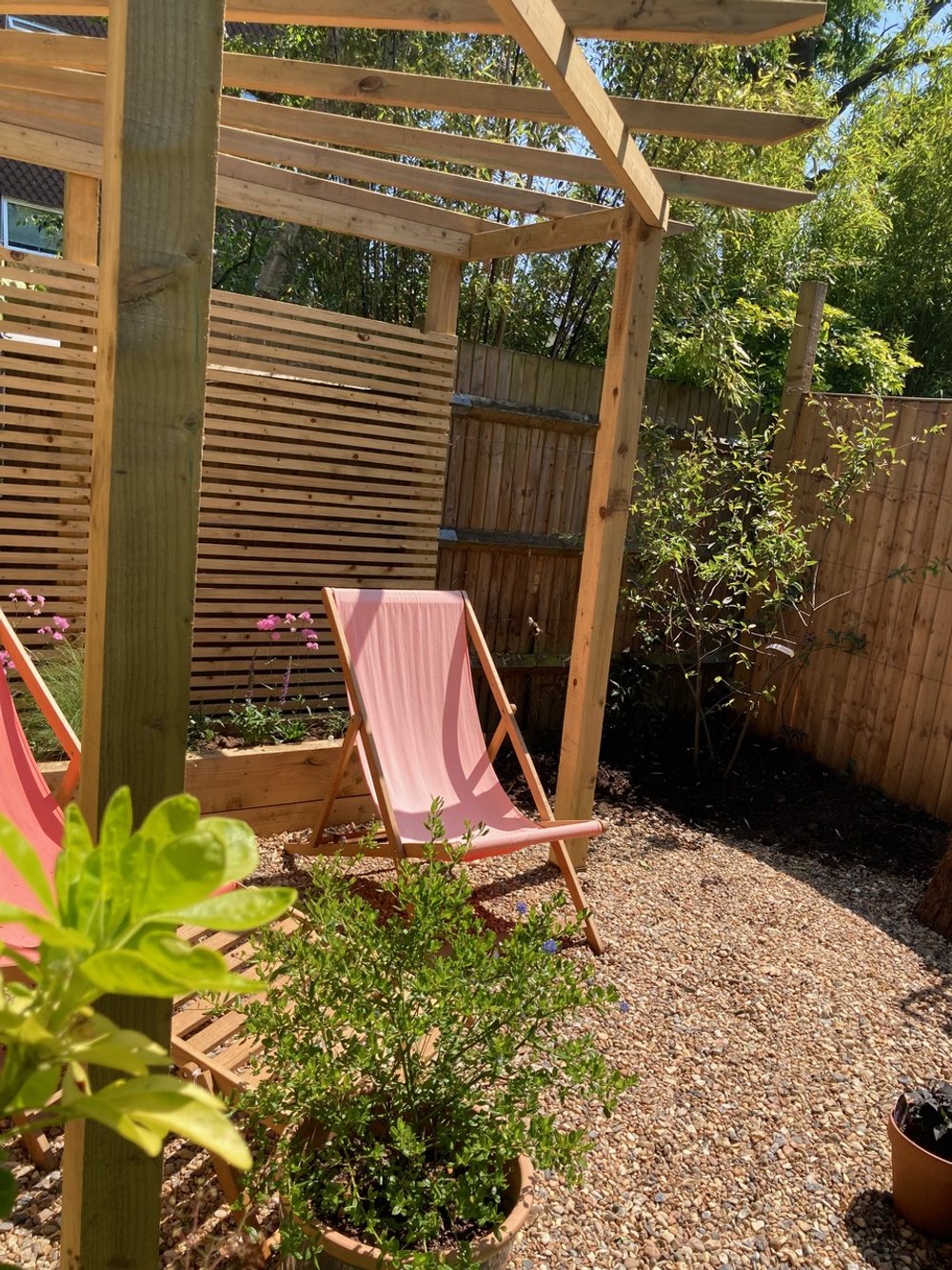 Pergola, slatted fencing, gravelled seating area & raised bed with planting, Lawrie Park Avenue SE26