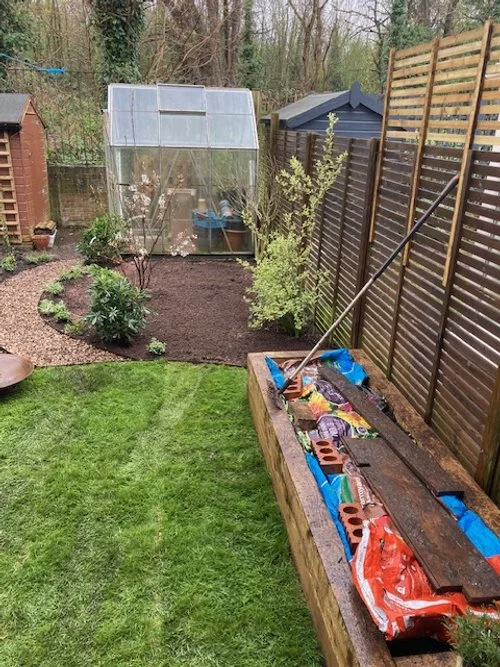 "After" space, new lawn, path, planting, raised bed, additional screening & meadow, Rockells Place, SE22