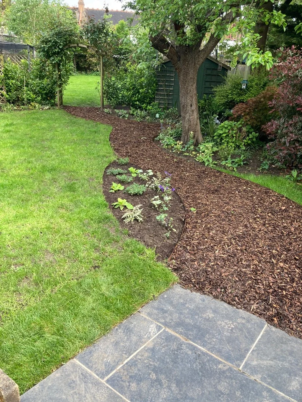 Curved woodland path with new oval bed & appropriate planting, Sunderland Rd SE23