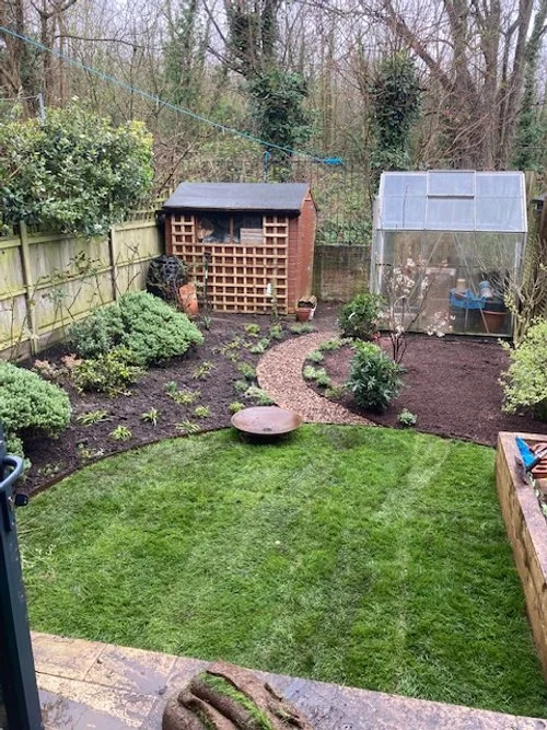 "After" space, new lawn, path, planting & meadow, Rockells Place, SE22
