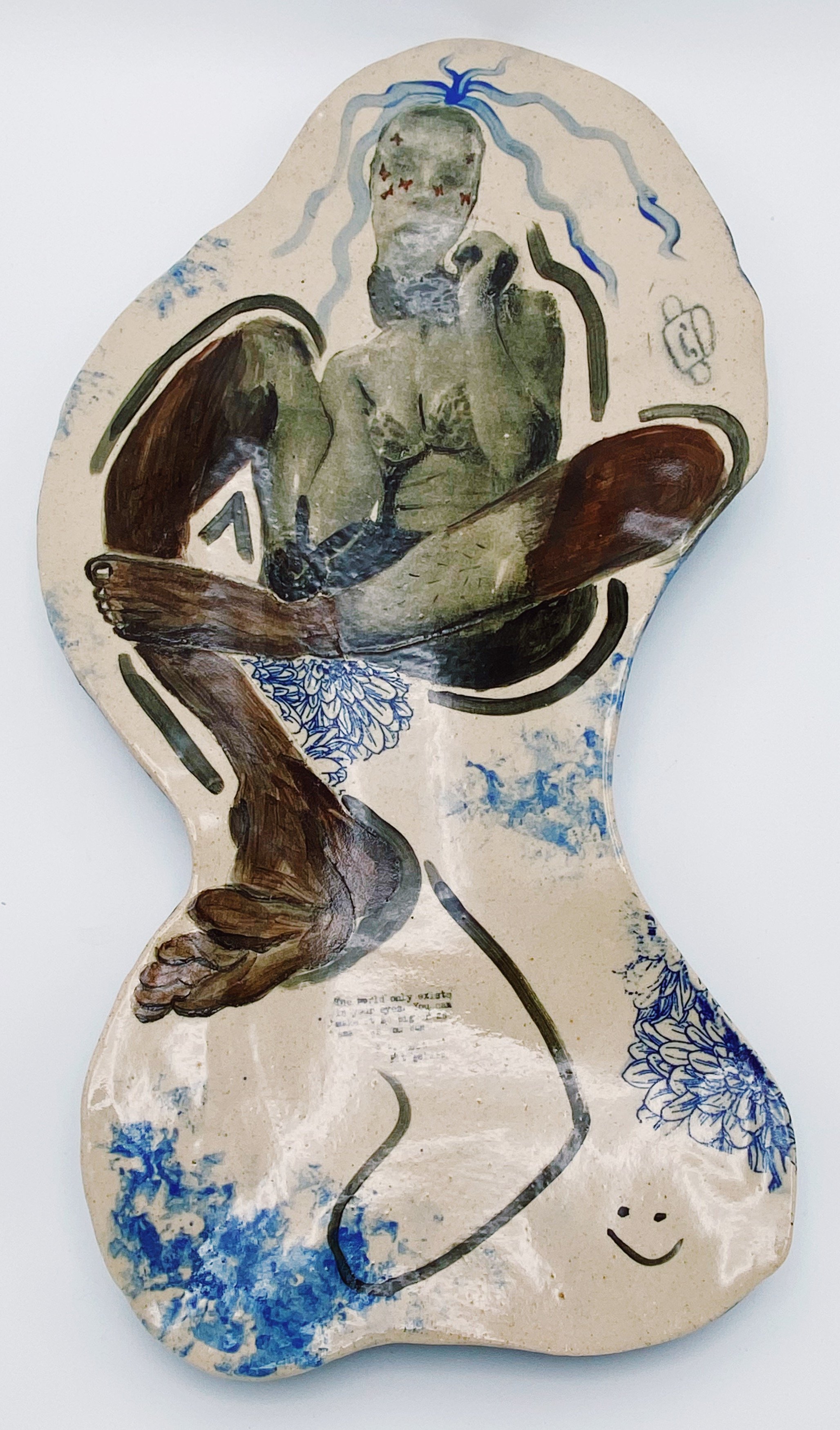 "Served on a Platter Together"- clay, photo lithography image transfer, transfer paper(flowers), underglaze, glaze
