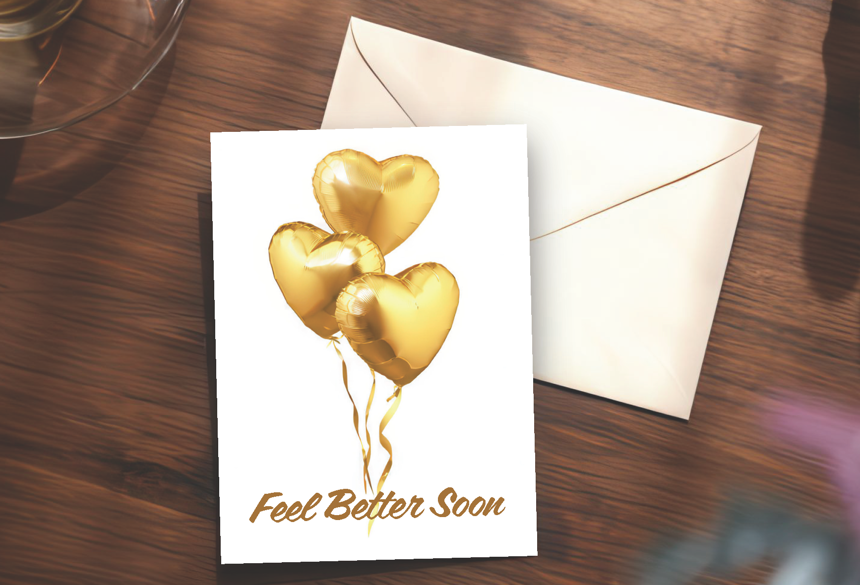 Gold Heart Ballons Feel Better Soon Card