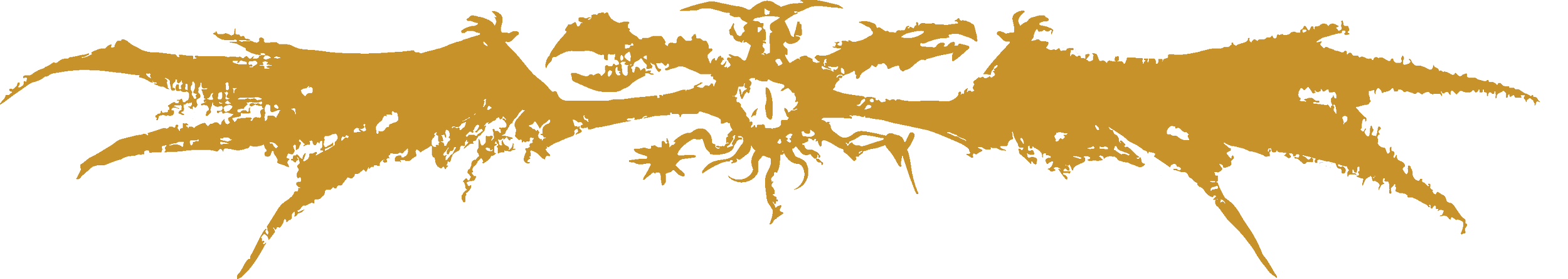 A stylized golden silhouette of a spider with long legs and a segmented body.