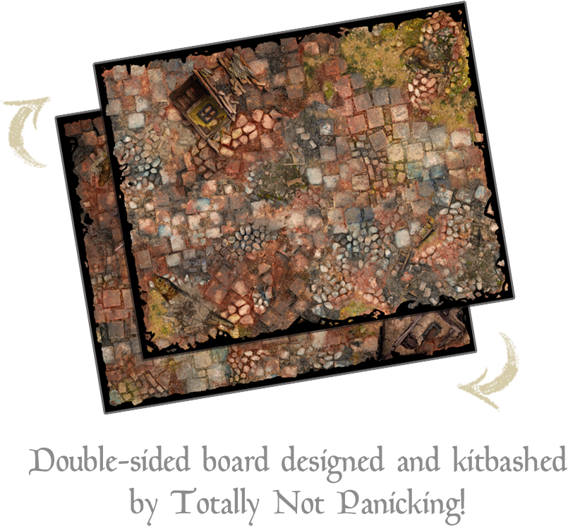 Kitbashed and hand-painted double-sided terrain set the atmosphere for the Sun Rot boardgame.