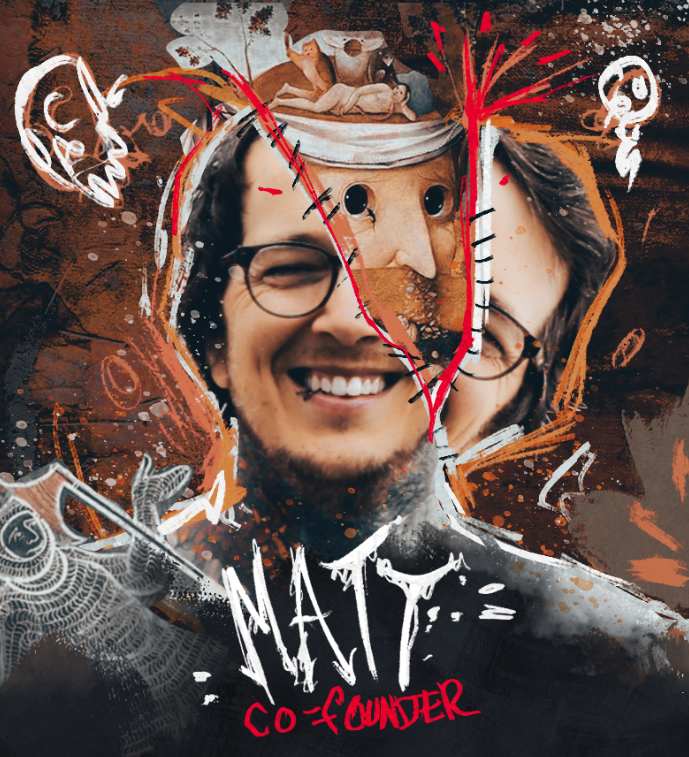 A smiling person with glasses overlaid with artistic drawings, including a broken heart and a figure with a creature, surrounded by abstract art and text reading 'MATE CO-FOUNDER' in white and red.