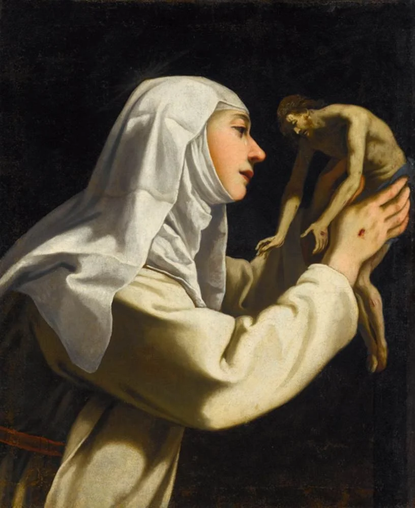 A woman dressed in a light-colored headscarf and robe, holding a small, frail figure of a man, against a dark background.