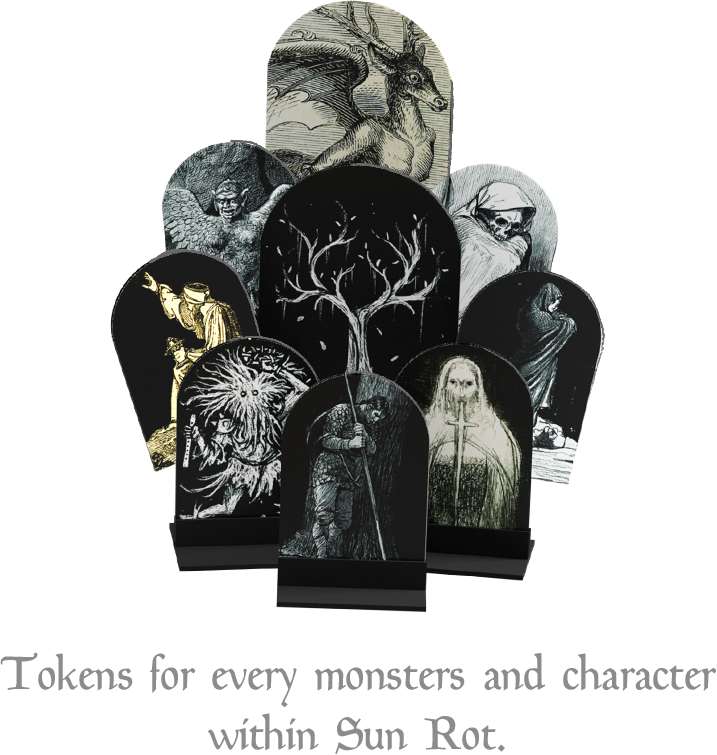 Thick, high-quality punch outs for every monster, character, and scenario in Sun Rot boardgame.