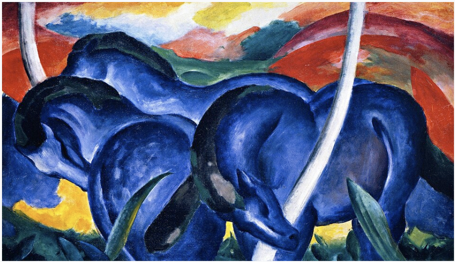 Franz Marc's The Large Blue Horses, 1911: three blue horses curved together against a red and yellow landscape