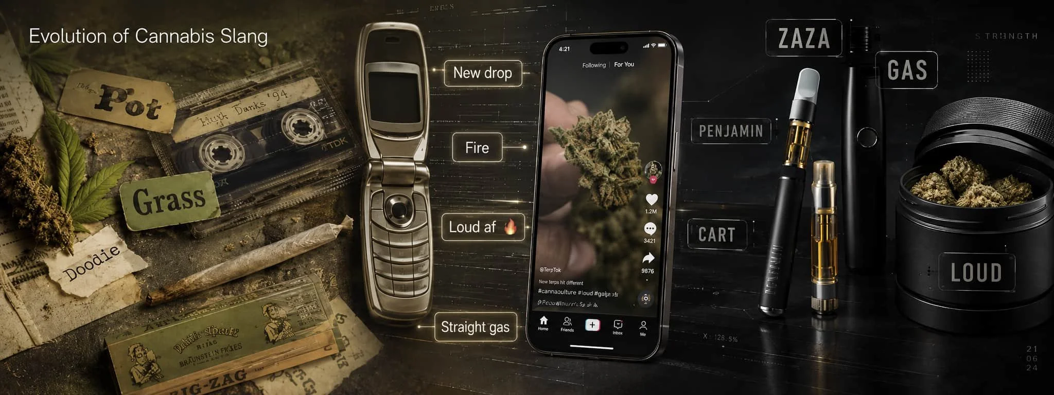 Evolution of cannabis slang from classic terms like Pot and Doobie to modern Gen Z terms including Zaza, Penjamin, Gas, Loud and Cart.