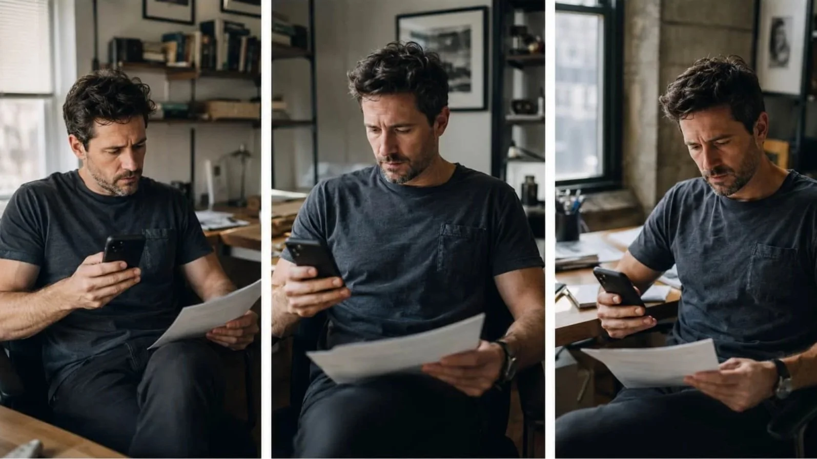 A lifestyle photo triptych of a man thoughtfully reviewing his Virginia medical cannabis certification in a naturally lit home office