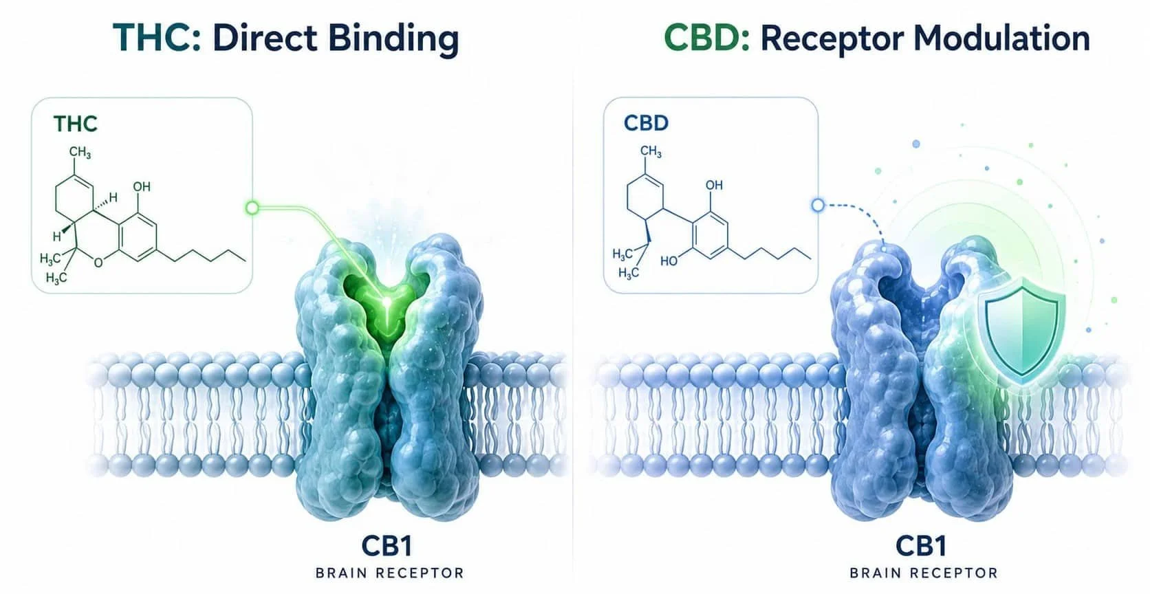 Infographic showing the difference between THC and CBD binding to endocannabinoid receptors in the human brain