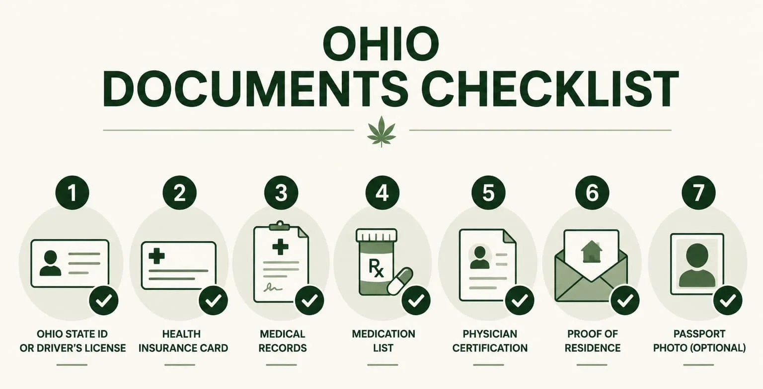 Documents checklist for getting an Ohio medical marijuana card, including Ohio ID, medical history, medication list, and supporting records.