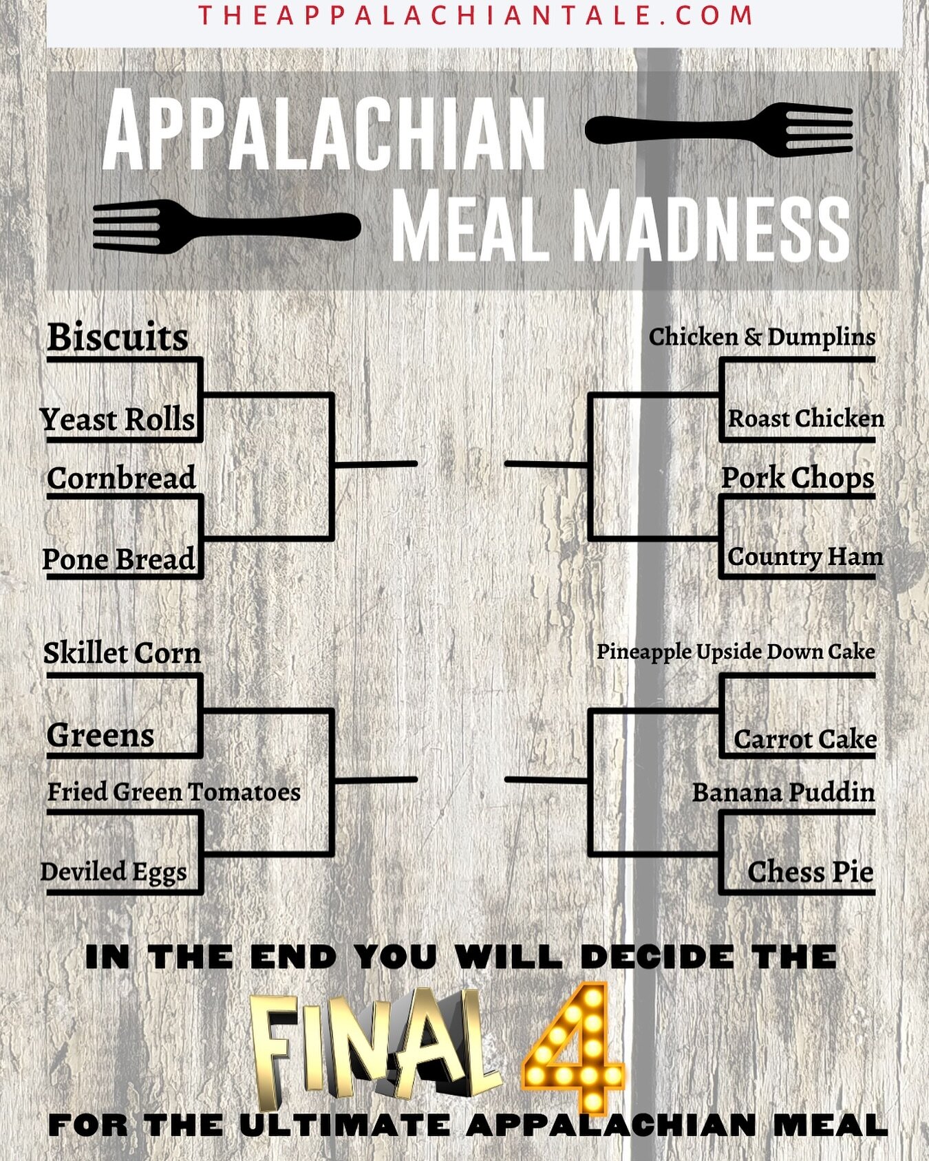 It&rsquo;s an Appalachian Meal Madness 🍽️ and you get to decide the Final 4! 

Each day in my stories will be a couple of Matches and you vote to advance your favorite to the next round. 

When the dust settles, we&rsquo;ll sit down to a meal you pi