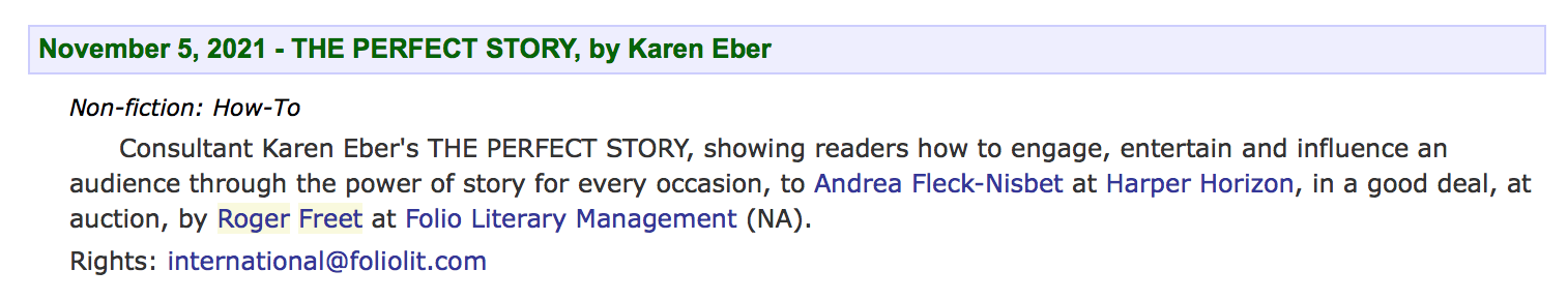 Karen Eber's publisher's weekly book announcement for The Perfect Story