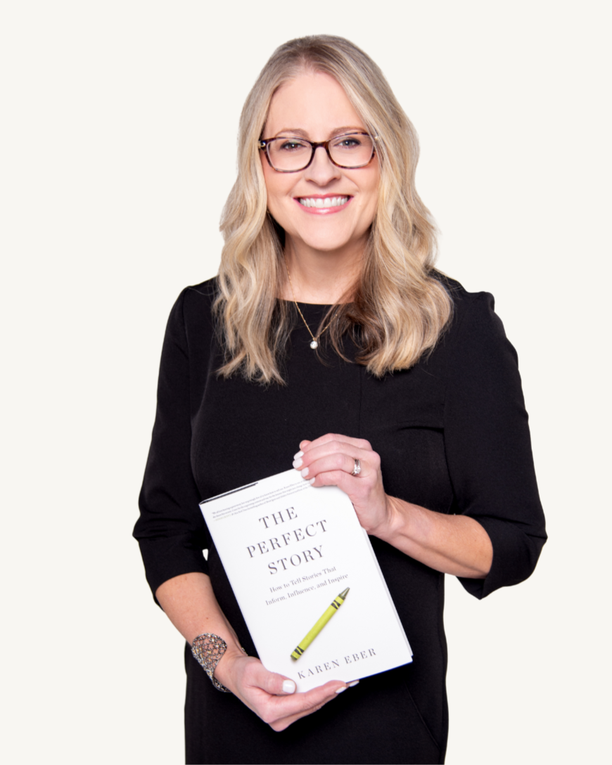 Karen Eber holding her book The Perfect Story