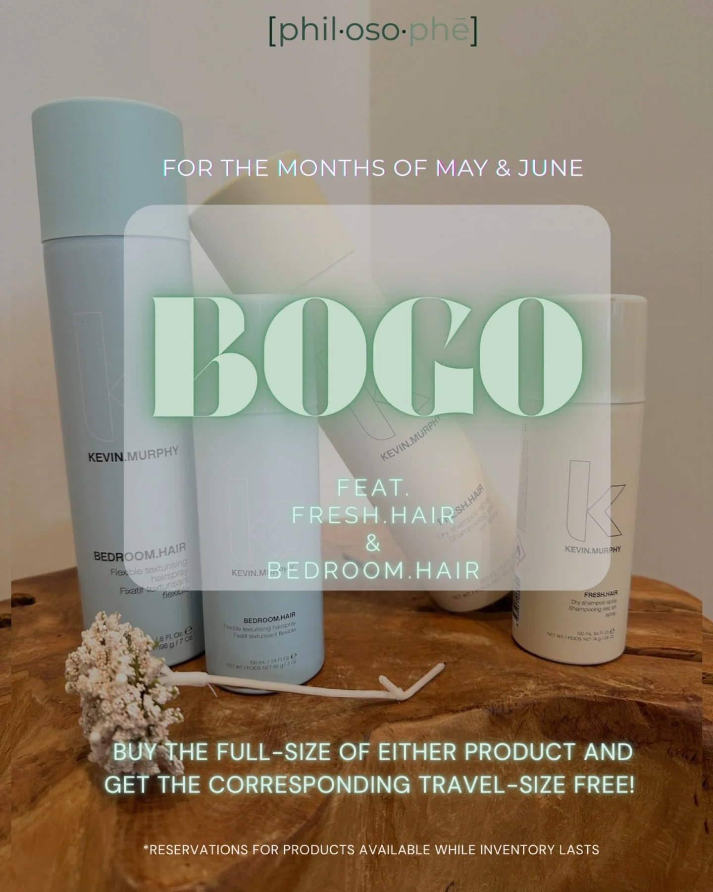 Spring is in the h(air) and we&rsquo;re bringing the vibes with our new KEVIN.MURPHY promotion, running in-salon from now through June. 

Buy a full-size of either BEDROOM.HAIR or FRESH.HAIR and receive the corresponding travel-size free!

BEDROOM.HA
