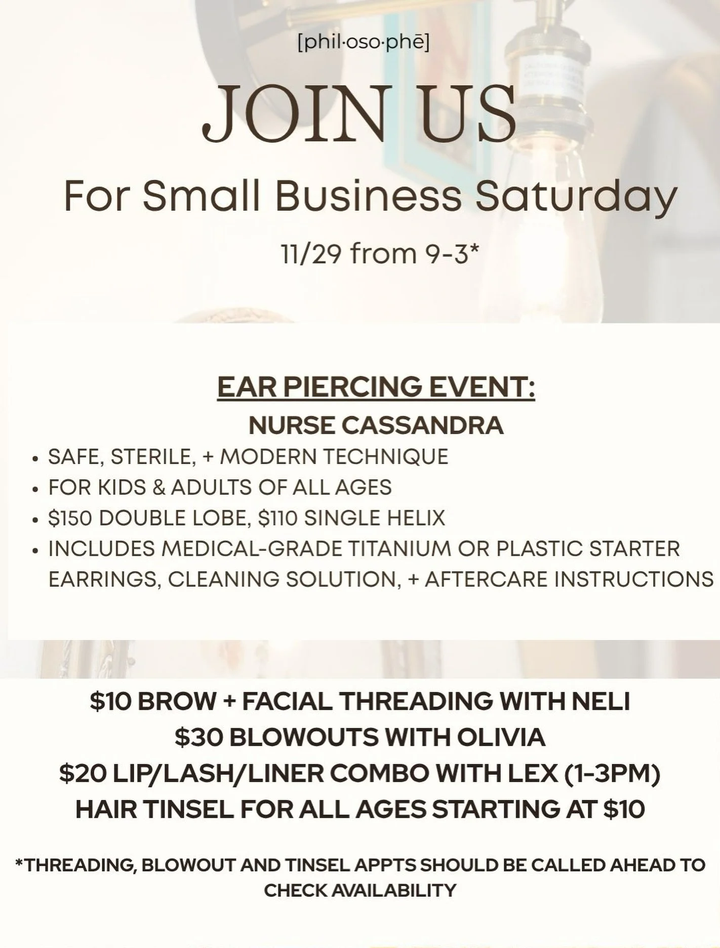 A little shimmer, a little self-care &mdash; and a lot of love for local! Enjoy piercings, blowouts &amp; more for Small Business Saturday. 

🌟 Our very own @alexa.rae.mua will be doing strip lashes, eyeliner and lip combos from 1-3

🌟 @thisnursetr