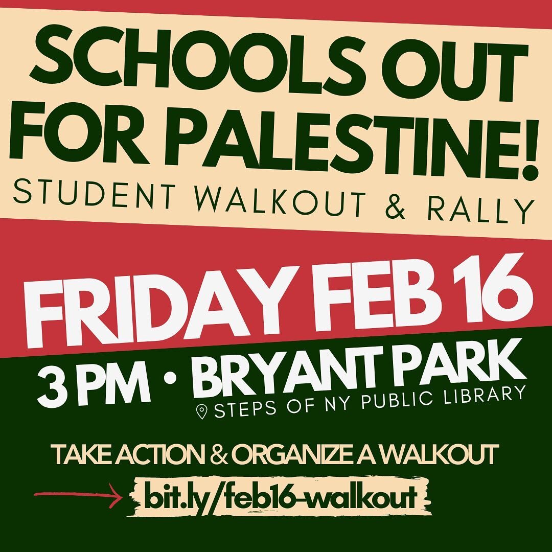 Schools out for Palestine!! Students from across NYC are walking out AGAIN. We say NO to genocide, we say NO to DOE censorship and retaliation against students and teachers exercising their RIGHT to ORGANIZE. 

Catch YA-YA and youth organizer Satchel