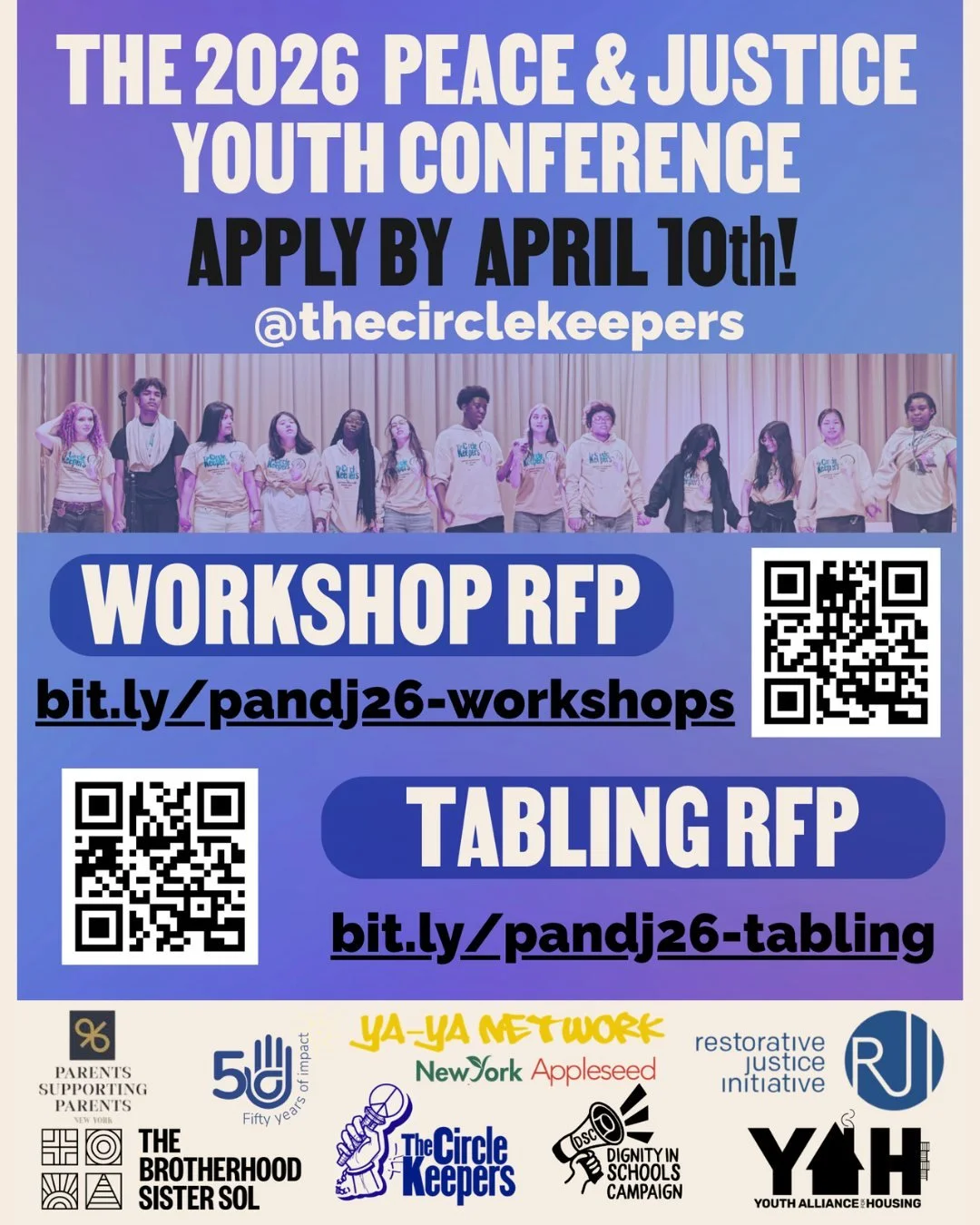 Hey community! We invite you to submit a workshop or table for the 2026 Peace &amp; Justice Youth Conference! RFP&rsquo;s Due on 4/10!

📅 Saturday, May 30, 2026 | ⏰ 9:30 AM &ndash; 5 PM | 📍 Brooklyn, NY

Workshops: https://bit.ly/pandj26-workshops
