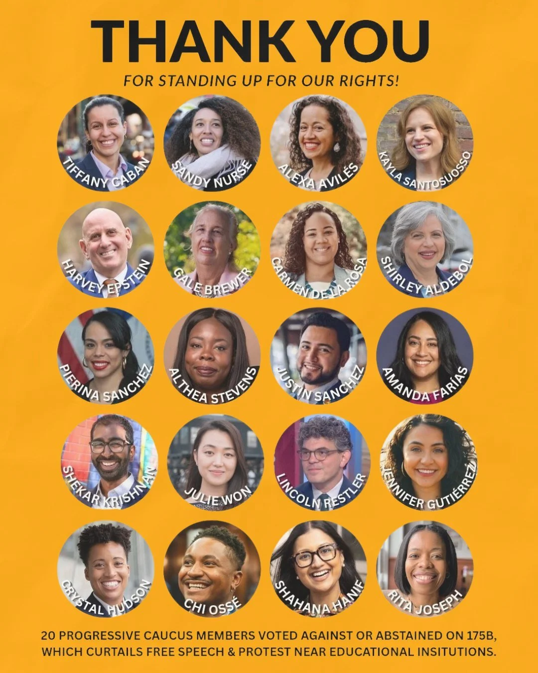 These 20 NYCProgressives Council Members voted to protect our free speech rather than bow to special interests and those in power. 5 voted against Intro 1-B, which authorizes the NYPD to maintain &lsquo;buffer zones&rsquo; around places of worship. I