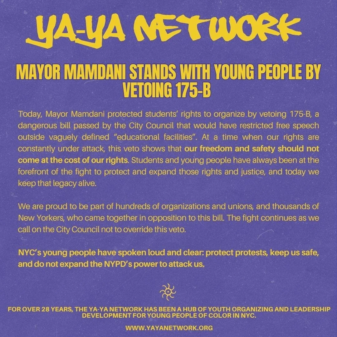 With the veto of 175B, @NYCMayor stood up for young people&rsquo;s right to speak out. Youth are leading movements for justice &amp; we must encourage their leadership, not silence them. Now @NYCCouncil must vote to sustain the veto &amp; say #NoTo17