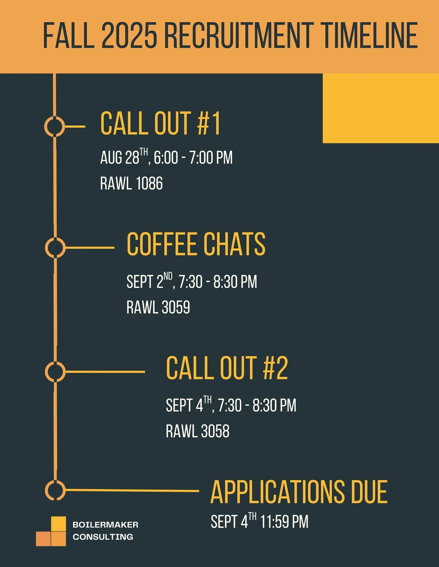 Back to school season is here Boilermakers! 

And with the season, comes our Fall 2025 recruitment cycle. 📆

Here you will see a breakdown of BC&rsquo;s recruitment events where you can learn more about the organization, network with our team, and g