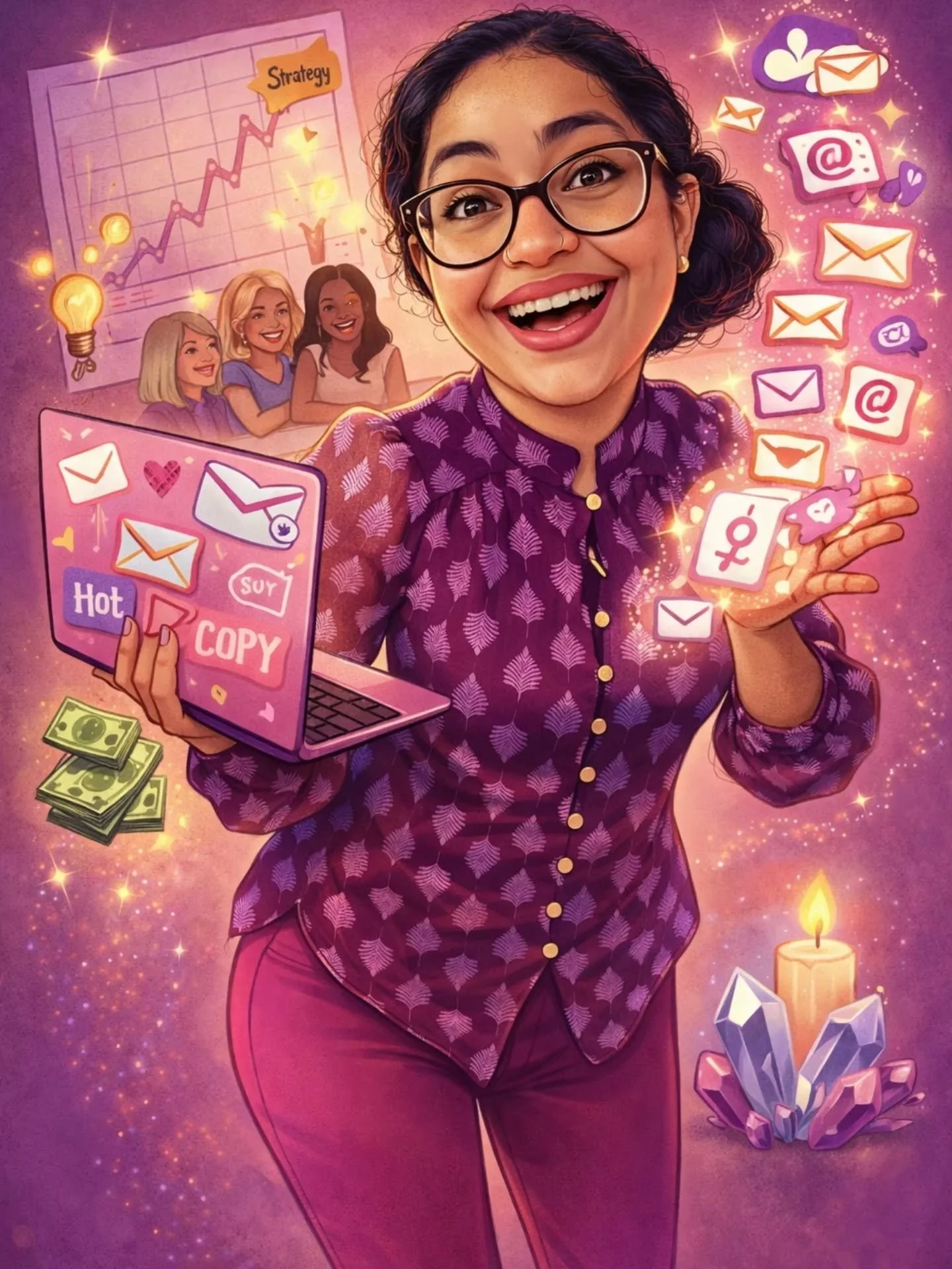 Yeaaa, I caved into the AI image trend 😝

You see... this image is what AI thinks of me as a caricature.

Oh, and went 1 step further.

AND asked, what does this image say?

💜 It give me these 3 replies:

"I help women build real connection th