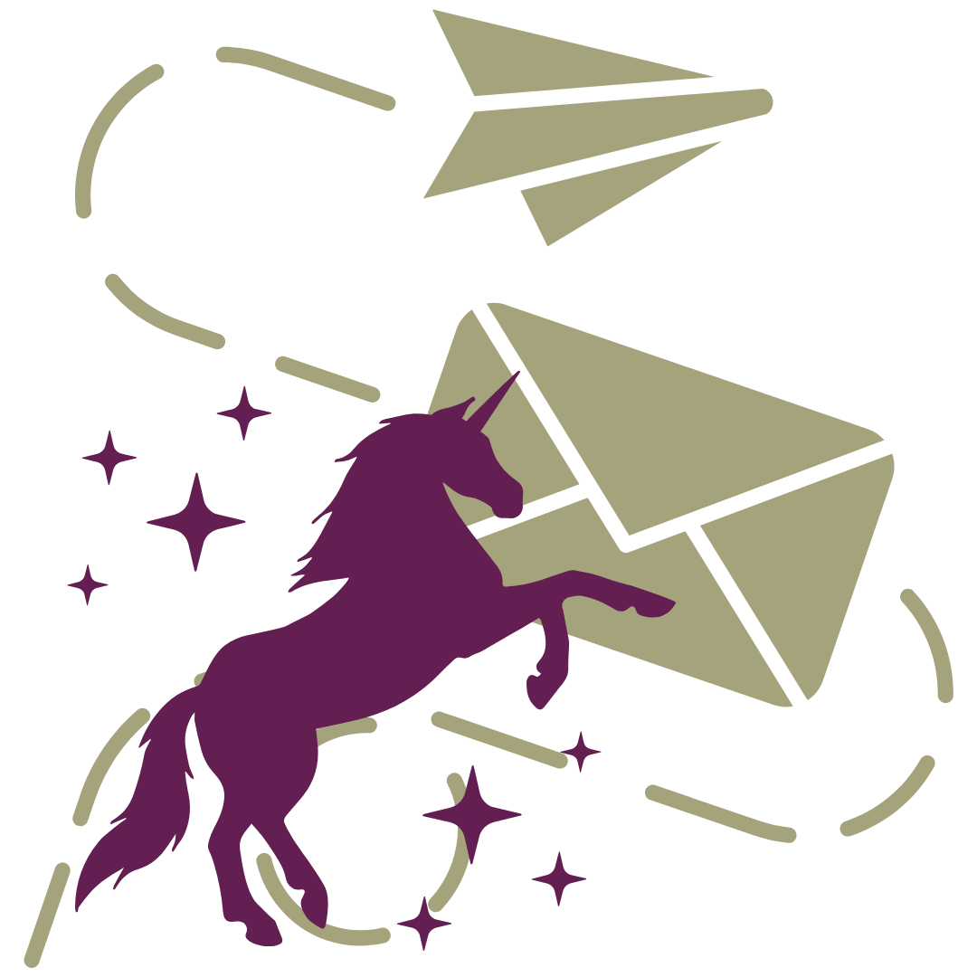 Unicorn icon with an envelope, dotted line, arrow, and sparkles, symbolizing the magical connection between email marketing and nurturing new subscribers. Represents the Pink Pony Club approach to welcome sequences that nurture and convert.