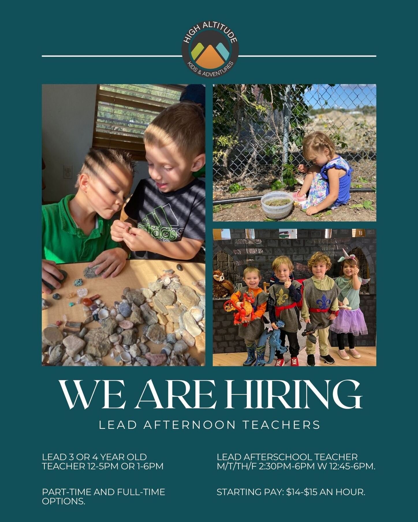 We are hiring for a M-F Lead Teachers! Hours available are 12 or 1pm start time to a 5 or 6pm end time. Full-time option is available as well.

For our 3 or 4 year old Lead Teacher: Small group of 7-9 children in the afternoon with an emphasis on STE