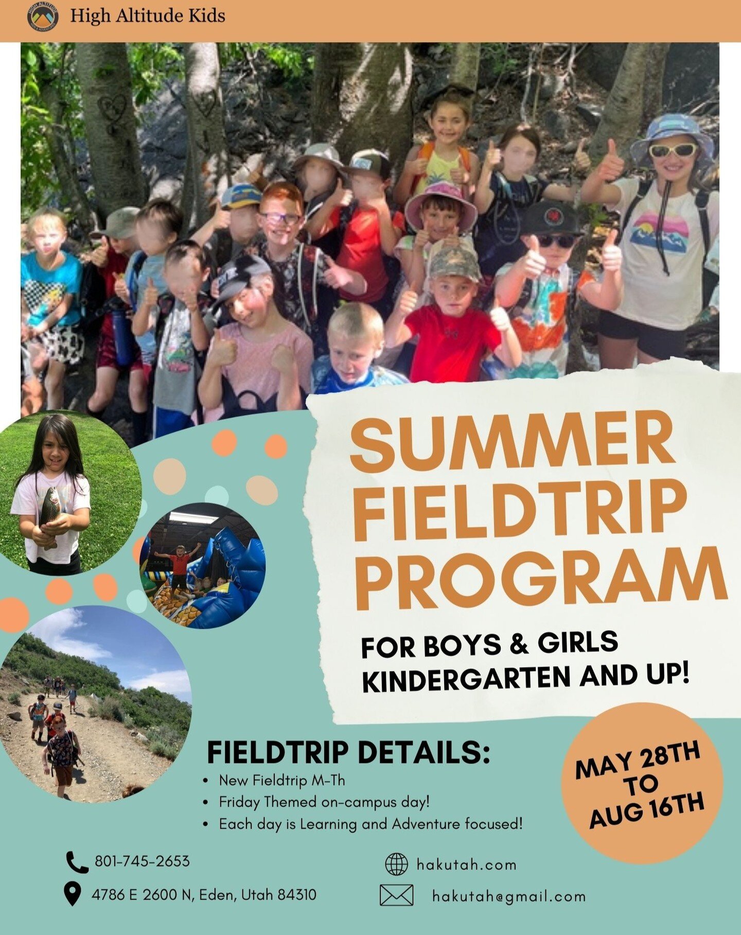 High Altitude Kids keeps your children busy learning and exploring all summer long!

HAK's Summer Fieldtrip Program is a truly amazing program that has new fieldtrips M-Th with a themed on-campus day every Friday! 

You can sign your child up for 1-5