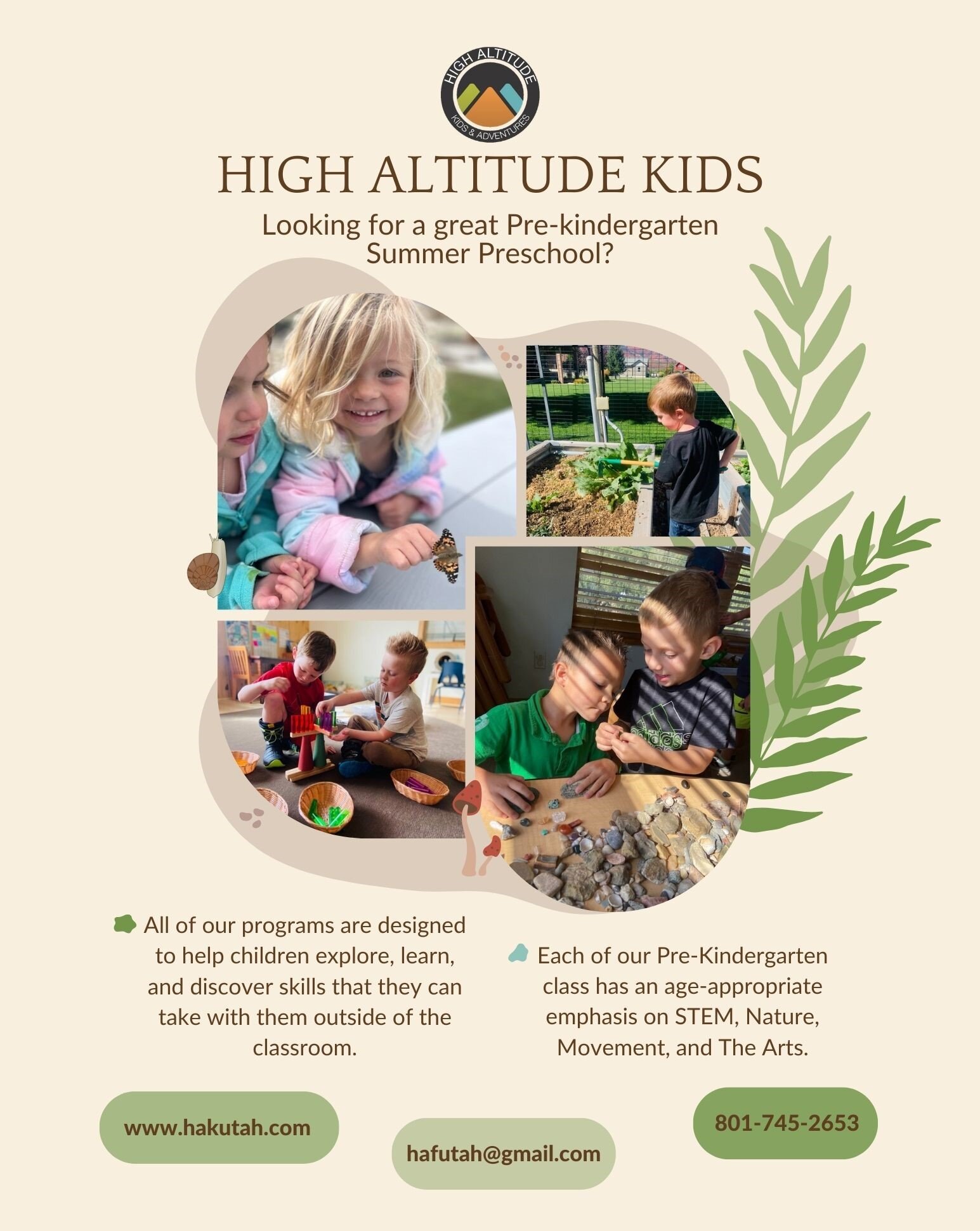 High Altitude Kids keeps your children busy learning and exploring all summer long!

HAK's Summer Program is OPEN! 

Each class has an age appropriate focus on STEM, The Arts, Movement, and Nature!

Find out more today!

#preschool #valleyelementarys