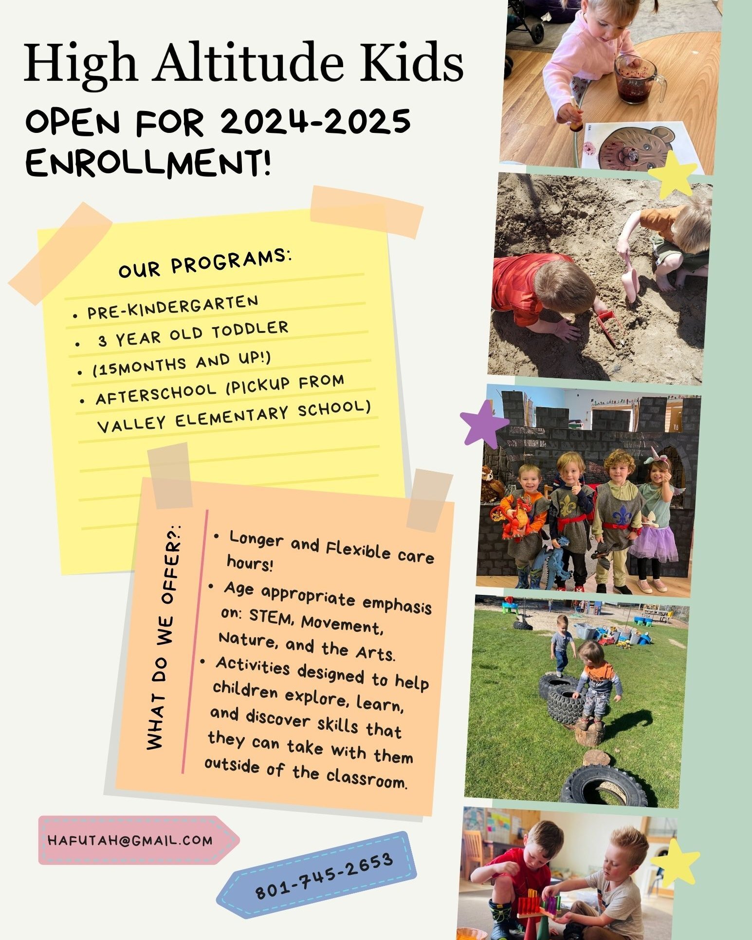 Enrollment for 2024-2025 school year is OPEN! 

Our Programs include:
Pre-Kindergarten
3 Year Old Class
Toddler (15months and up) Class
Afterschool (Pickup from Valley Elementary School) 

Each class has an age appropriate focus on STEM, The Arts, Mo