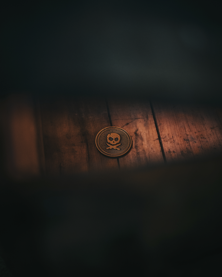A small round metal coin with a skull and crossbones design, placed on a wooden surface.