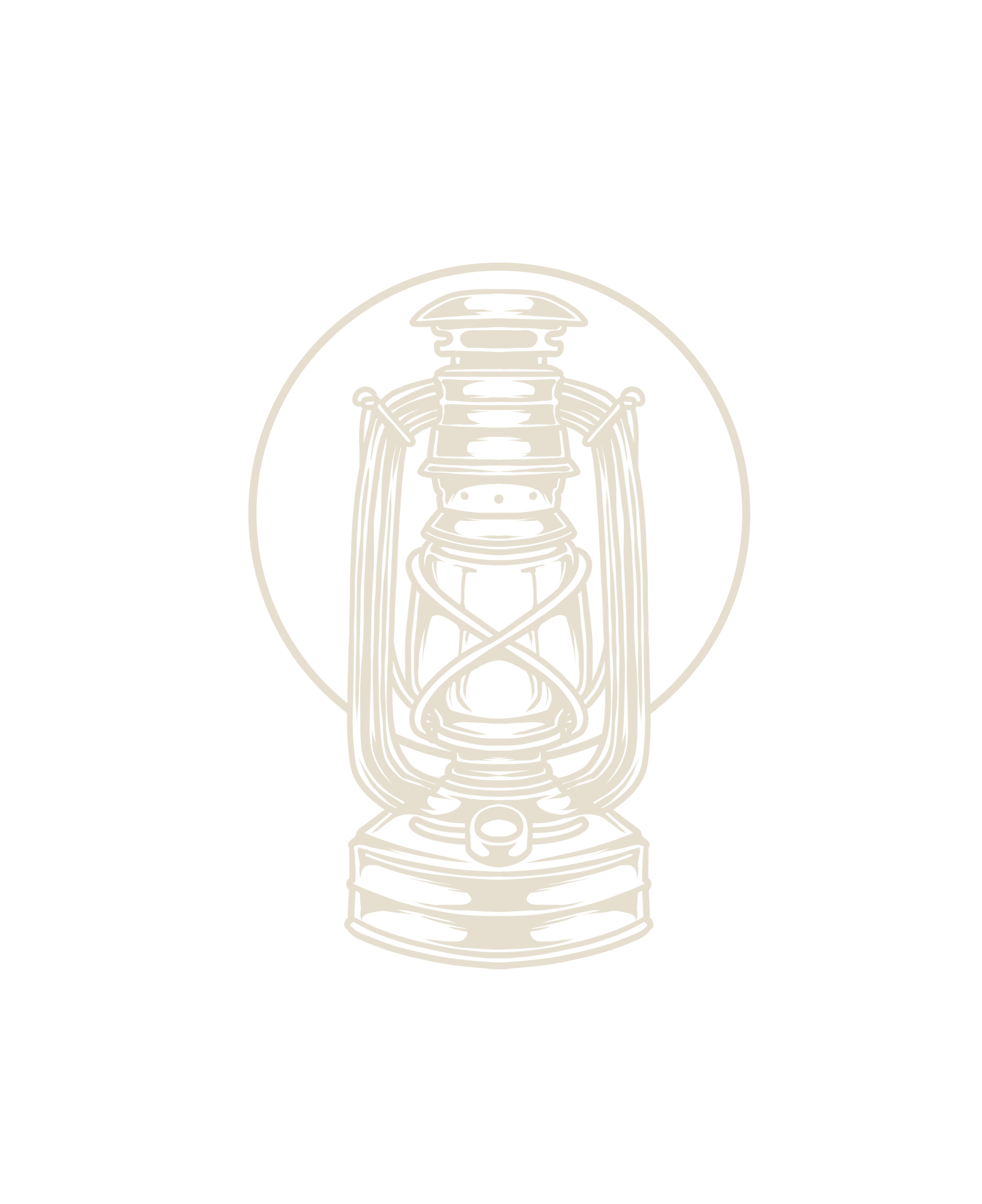 A line drawing of an old-fashioned lantern with a circular safety wire around it, set against a black background.