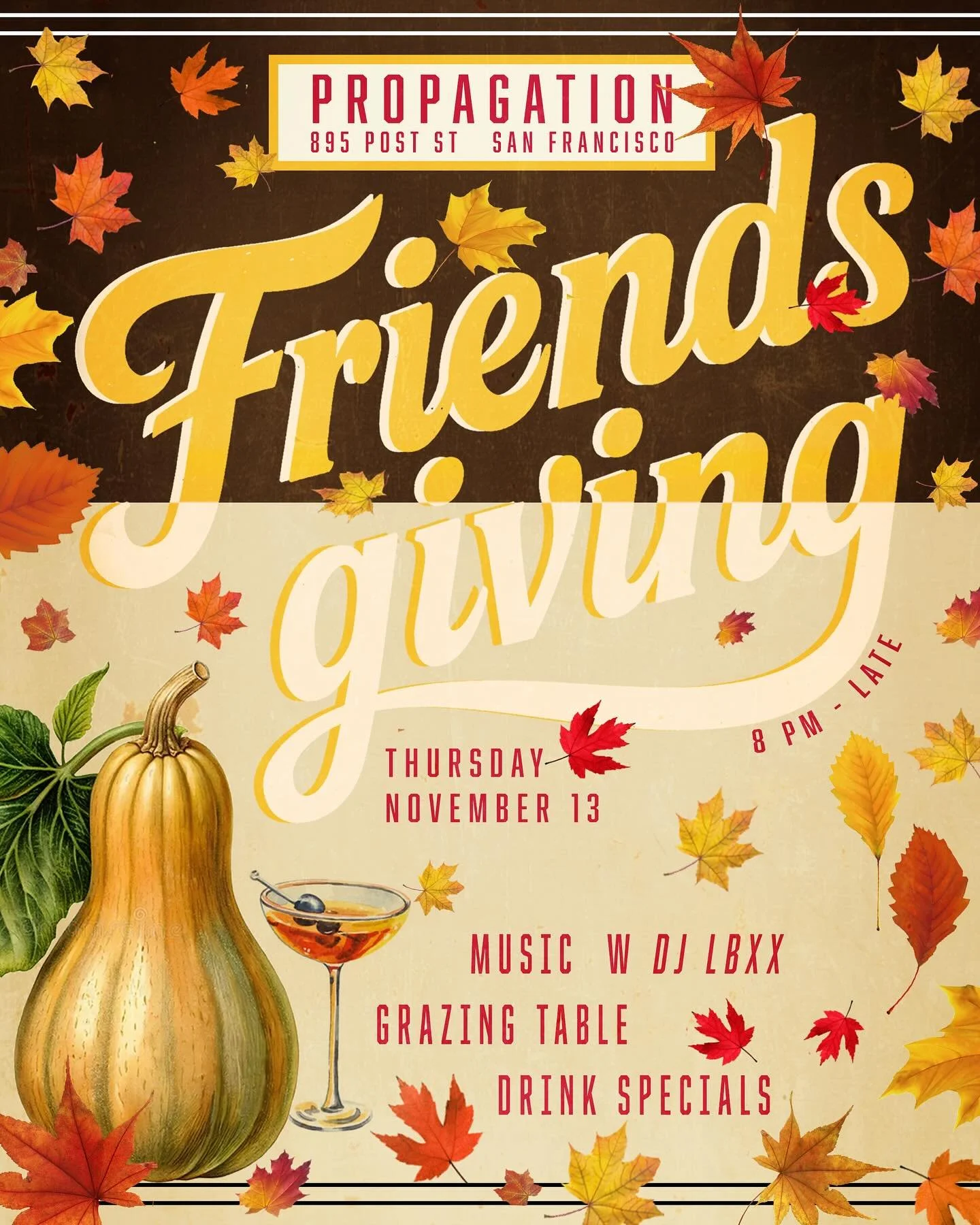A time for friends&hellip;.🍁🍂🍁
Thursday Nov 13th 8pm- close 
Drink specials, snacks, and music with @lunchboxx___ 

Flyer by : @apricomaa 🎨