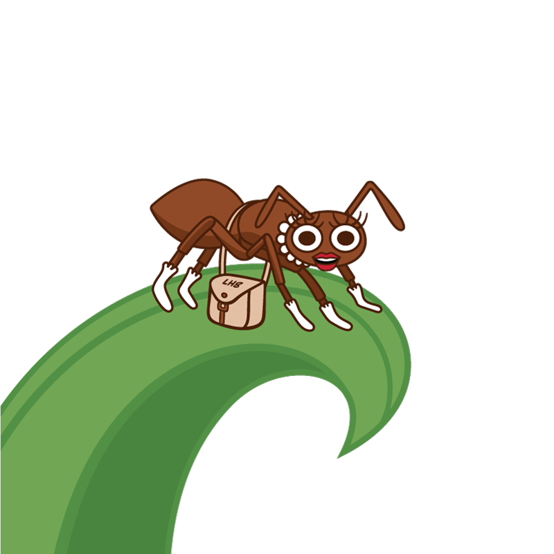 Cartoon ant with flowers around eyes, carrying messenger bag, standing on green leaf.