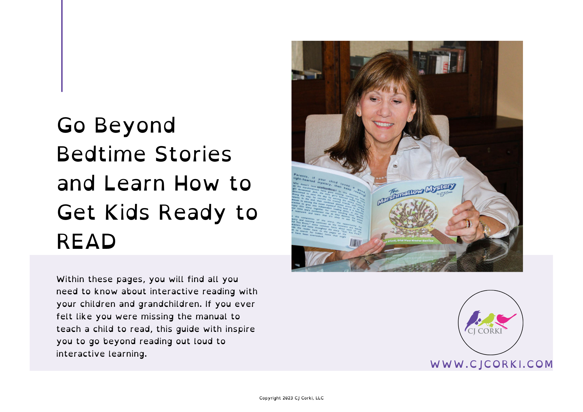 A woman is reading a book titled 'The Marshmallow Mystery' while sitting at a table. The image includes text encouraging interactive reading with children and highlights a guide for teaching kids to read. A logo and website 'cjcorki.com' are visible.